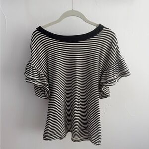 Current/Elliott Black & White Striped Ruffle Sleeve Tee